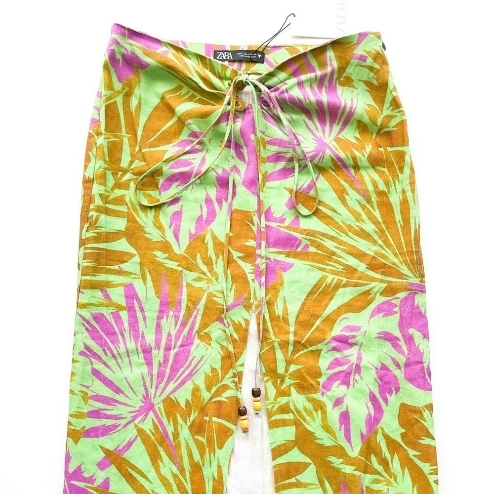 Zara NWT Linen Tropical Print Midi Skirt